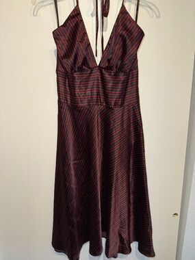 Alyn Paige Red and Black Striped Halter Satin Midi Dress